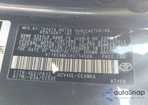 2008 Toyota Camry Le from USA, damaged, VIN 4T1BE46K58U754506